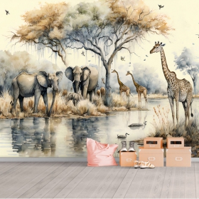 Fotomural o papel pintado paisaje lago safari jirafas elefantes