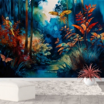 Papel pintado o fotomural paisaje tropical y guacamayos acuarela