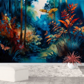 Papel pintado o fotomural paisaje tropical y guacamayos acuarela
