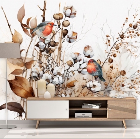 Fotomural o papel pintado dibujo aves plantas vintage