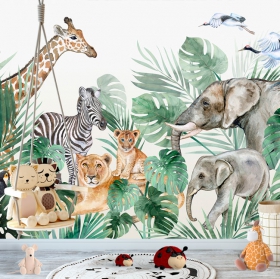 Fotomural o papel pintado dibujo infantil animales aves selva