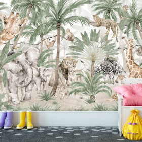 Fotomural o papel pintado dibujo infantil animales selva tropical