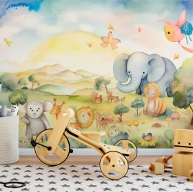 Papel pintado o fotomural ilustración infantil acuarela paisaje animales