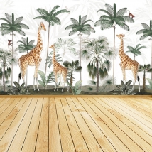 Papel pintado o fotomural paisaje palmeras jirafas y aves