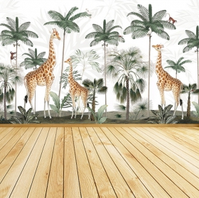 Papel pintado o fotomural paisaje palmeras jirafas y aves