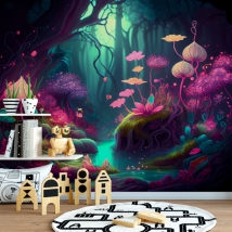 Fotomural o papel pintado ilustración bosque mágico brillante