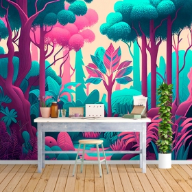 Fotomural o papel pintado ilustración bosque pastel