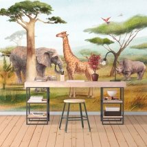 Papel pintado o fotomural paisaje africa safari elefante