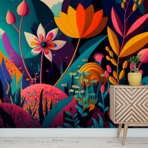 Papel pintado o fotomural ilustración flores y plantas coloridas