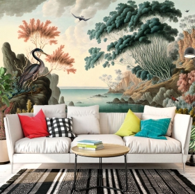 Papel pintado o fotomural dibujo clásico paisaje mar montañas y aves