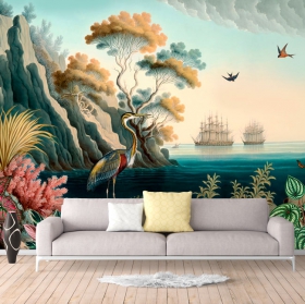 Papel pintado o fotomural dibujo clásico puerto montañas barcos y aves