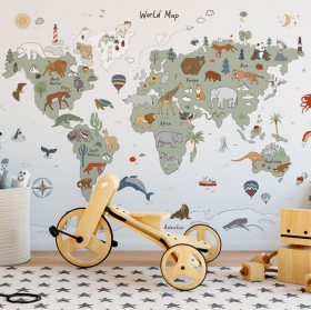 Fotomural o papel pintado mapamundi infantil dibujos animales