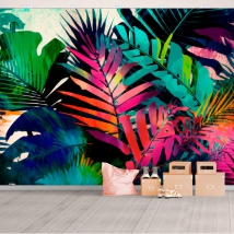 Fotomural o papel pintado ilustración colorida plantas palmeras juvenil