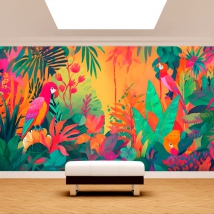 Fotomural o papel pintado ilustración selva tropical y guamayos moderna