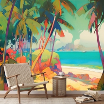 Papel pintado o fotomural paisaje playa tropical con palmeras paradisíaca