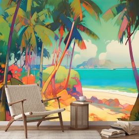 Papel pintado o fotomural paisaje playa tropical con palmeras paradisíaca