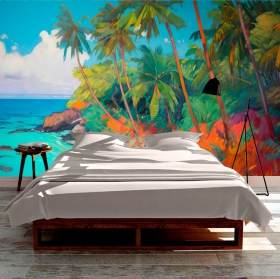 Papel pintado o fotomural paisaje pintura playa paradisíaca trópico con palmeras