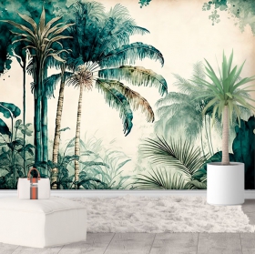 Papel pintado o fotomural dibujo selva tropical en acuarela tonos verdes
