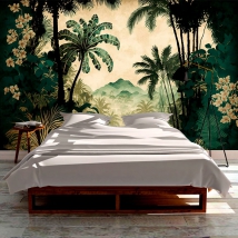 Papel pintado o fotomural ilustración bosque y flores tropical