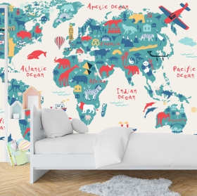 Papel pintado o fotomural mapamundi juvenil ó infantil con animales y monumentos