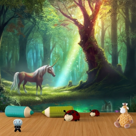 Papel pintado o fotomural unicornio en bosque encantado
