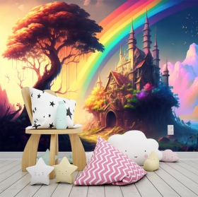 Fotomural o papel pintado paisaje mágico infantil castillo y arcoiris