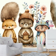Fotomural o papel pintado ilustración familia ardillas acuarela infantil juvenil