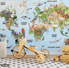 Papel pintado o fotomural mapamundi con dibujos de animales por ubicación geográfica