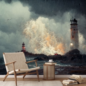 Papel pintado o fotomural pintura paisaje de faros en tormenta