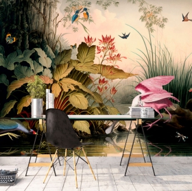 Papel pintado o fotomural ilustración vintage lago con aves y patos