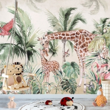 Papel pintado o fotomural acuarela selva tropical jirafas tigres aves