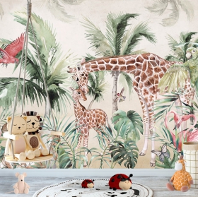Papel pintado o fotomural acuarela selva tropical jirafas tigres aves