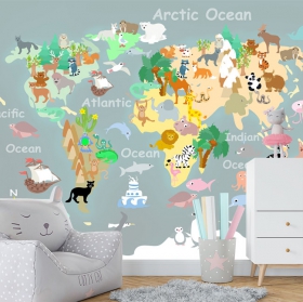 Papel pintado o fotomural mapamundi con animales ilustración infantil