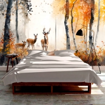 Fotomural o papel pintado dibujo paisaje otoñal ciervos