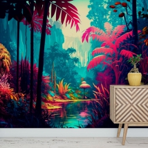 Fotomural o papel pintado ilustración moderna selva tropical colorida