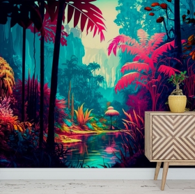 Fotomural o papel pintado ilustración moderna selva tropical colorida