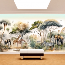 Fotomural o papel pintado paisaje horizontal safari áfrica elefantes cebras jirafas