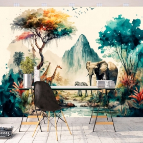 Fotomural o papel pintado acuarela paisaje sabana elefantes zebras montañas