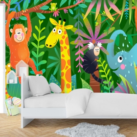 Papel pintado o fotomural dibujo infantil animales en la selva mono jirafa elefante
