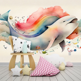 Papel pintado o fotomural dibujo infantil acuarela ballena en nubes y arcoíris
