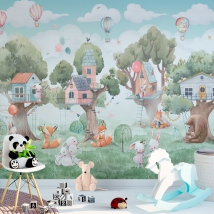 Papel pintado o fotomural dibujo acuarela infantil animales casas y globos