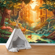 Papel pintado o fotomural dibujo infantil ciervos en el bosque cuento