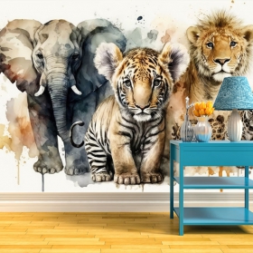 Papel pintado o fotomural ilustración acuarela elefante tigre y león moderna juvenil
