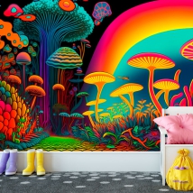 Fotomural o papel pintado ilustración juvenil hongos estilo psicodelia colores neón