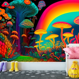 Fotomural o papel pintado ilustración juvenil hongos estilo psicodelia colores neón