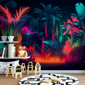 Fotomural o papel pintado ilustración paisaje nocturno selva fluorescente