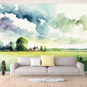 Fotomural o papel pintado pintura en acuarela paisaje campo y casa