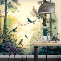 Fotomural o papel pintado dibujo acuarela bosque con pájaros