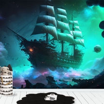 Papel pintado o fotomural dibujo aventura barco fantasma arrecife piratas