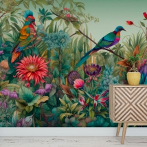 Papel pintado o fotomural dibujo plantas flores y aves tropicales moderno